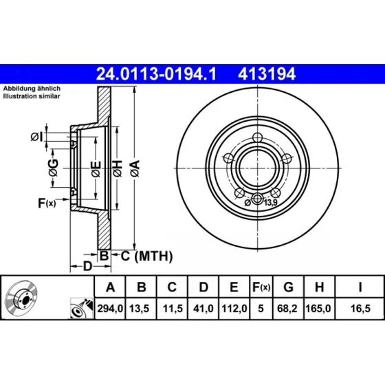 ATE Bremseskive 24.0113-0194.1, fuld, 294 mm, til VW, Ford, Seat
