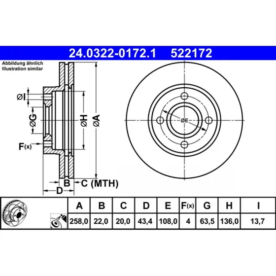 ATE PowerDisc Bremseskive 24.0322-0172.1, ventileret, 258 mm