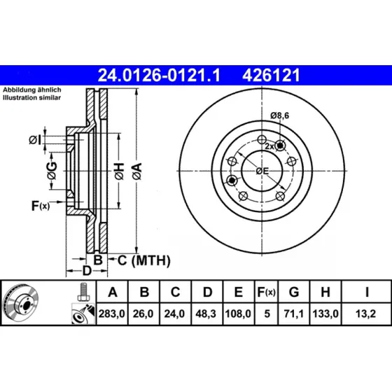 ATE Bremseskive 24.0126-0121.1, ventileret, 283 mm