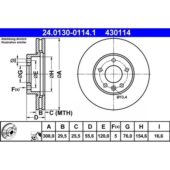 ATE Bremseskive 24.0130-0114.1 for VW T5/T6, Toareg, 308 mm