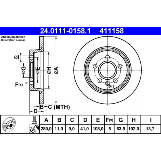 ATE Bremseskive 24.0111-0158.1, 280 mm, fuld, 11,0 mm tyk