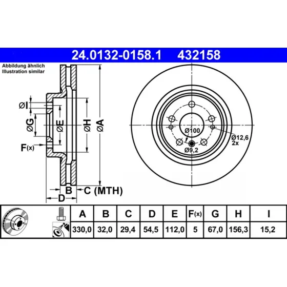 ATE Bremseskive 24.0132-0158.1 for Mercedes-Benz (330 mm, ventileret)