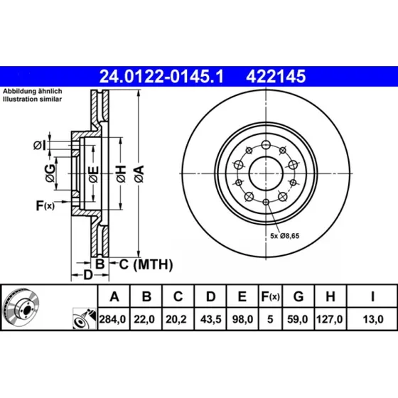 ATE Bremseskive 24.0122-0145.1, ventileret, 284 mm, til OPEL, FIAT, ALFA ROMEO