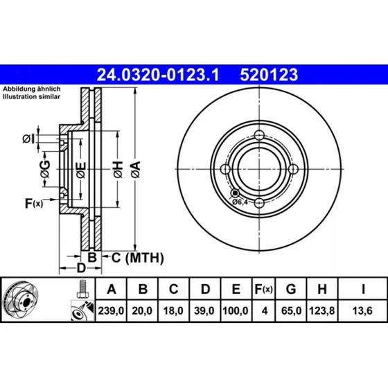 ATE Bremseskive 24.0320-0123.1, ventileret, 239 mm, til VW/AUDI/SEAT