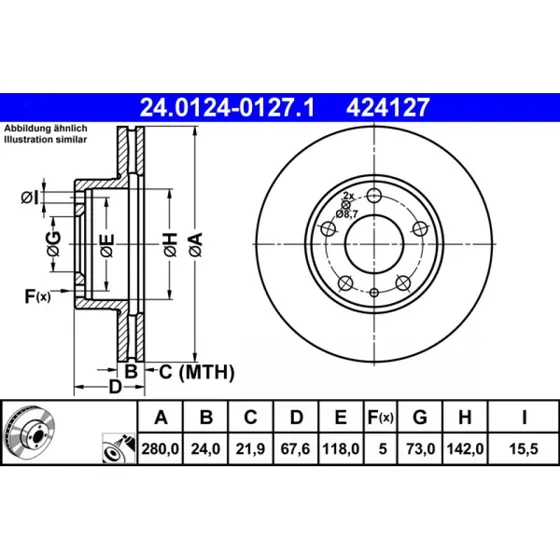 ATE Bremseskive 24.0124-0127.1, ventileret, 280 mm, 24 mm tyk
