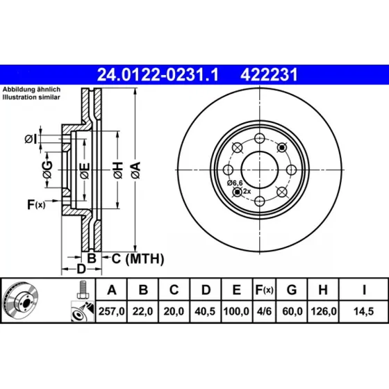 ATE Bremseskive 24.0122-0231.1 ventileret, 257 mm, med skruer