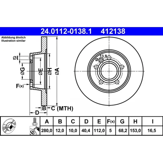 ATE Bremseskive 24.0112-0138.1 for VW Transporter T4