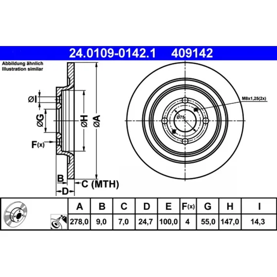 ATE Bremseskive 24.0109-0142.1 for Toyota/Yaris & Daihatsu Charade