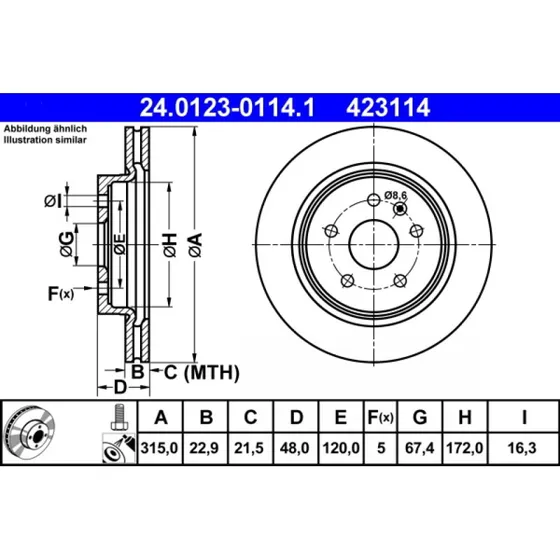 ATE Bremseskive 24.0123-0114.1, ventileret, 315 mm, til OPEL, CHEVROLET, SAAB
