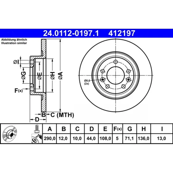 ATE Bremseskive 24.0112-0197.1, 290 mm, fuld, med skruer
