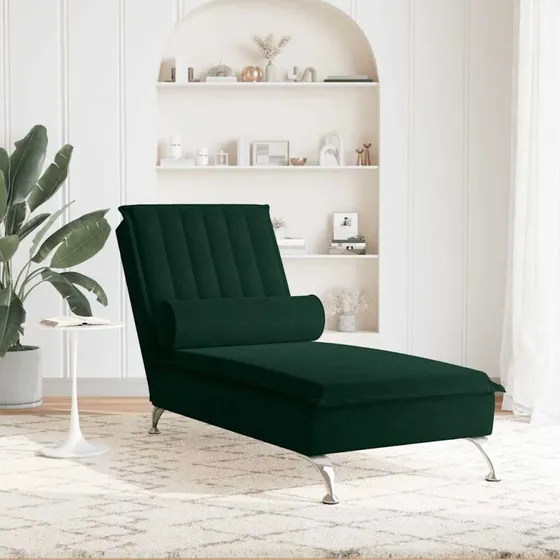 vidaXL Chaiselong med massage, mørkegrøn, velour