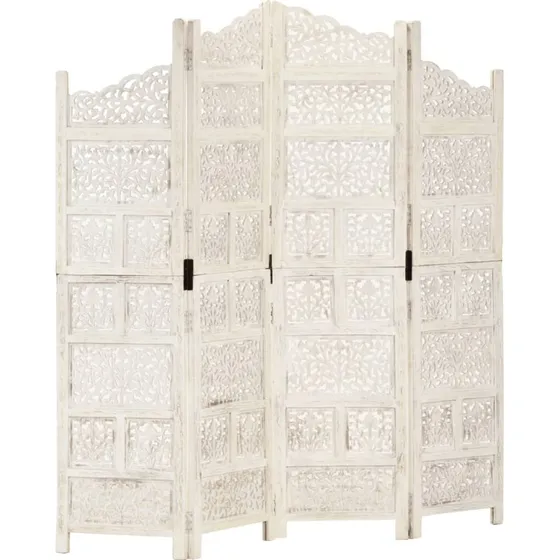 Mangotræ 4-Panels Rumdeler 160x165 cm Grå Håndskåret