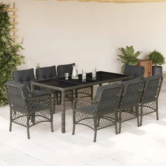 Rattan Home 9-delssæt med hynder, grå, 90 cm