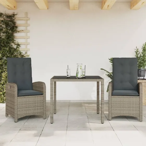 Haven 3-delssæt med hynder, polyrattan grå, 90 cm, med fodskammel