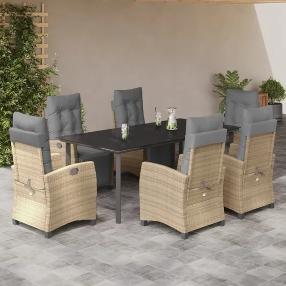 vidaXL 7-deligt spisebordssæt med polyrattan, beige, med justerbare stolerygler