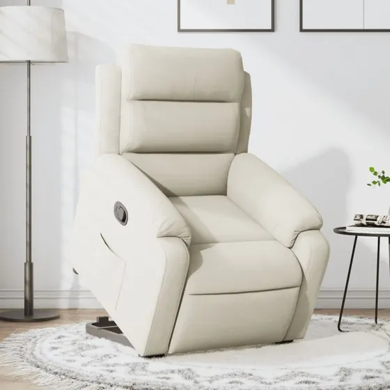 Velour Løftestol Creme med Elektrisk Løftefunktion