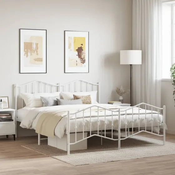 vidaXL Sengeramme 160x200 cm metal hvid med sengegavl og fodgærde