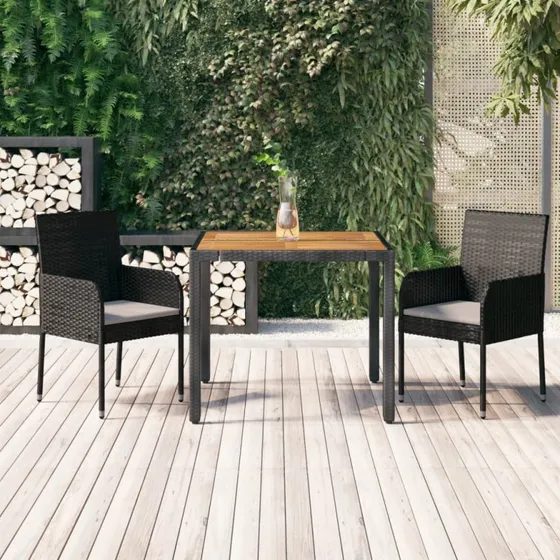 Trendy 3-deligt spisebordssæt med hynder i grå polyrattan – 90 cm