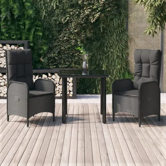 vidaXL Spisebordssæt 3 dele med hynder, sort, polyrattan