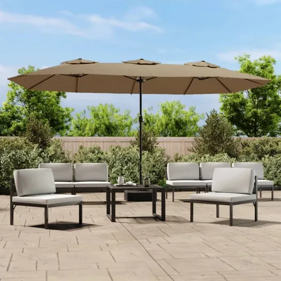 vidaXL Parasol med Dobbelt Parasoldug og LED-lys 449x265 cm gråbrun