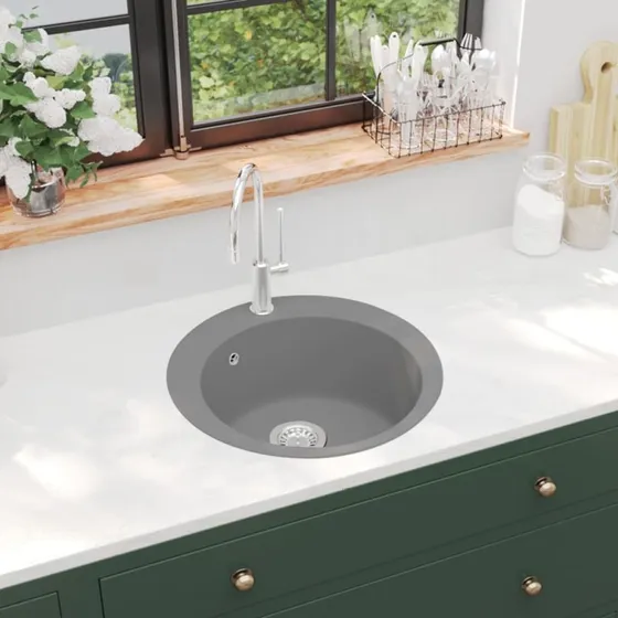 vidaXL Køkkenvask Rund Granit Grå 505x505 mm