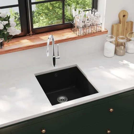vidaXL køkkenvask enkelt granit sort 420x460 mm