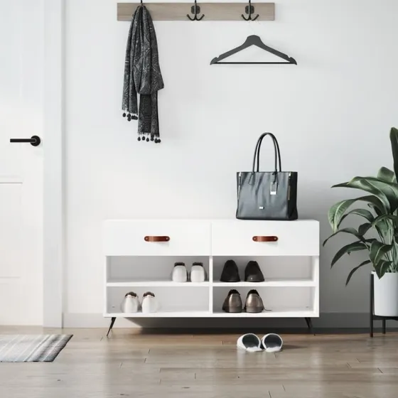 vidaXL Skobænk 102x35x55 cm Konstrueret Træ Hvid Højglans