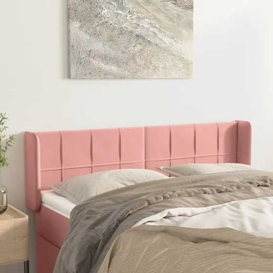vidaXL Sengegavl med Kanter 147x16x78/88 cm Fløjl Lyserød