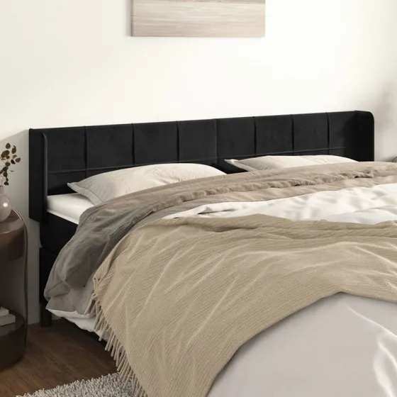 vidaXL Sengegavl med Kanter 163x16x78/88 cm, Sort, Fløjl