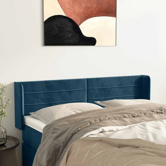 vidaXL Sengegavl med Kanter 147x16x78/88 cm Fløjl Mørkeblå