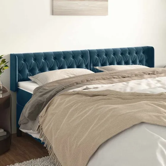 vidaXL Sengegavl med Kanter 183x16x78/88 cm Mørkeblå Fløjl