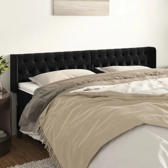 vidaXL Sengegavl med Kanter 203x16x78/88 cm, Sort, Fløjl