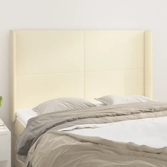 vidaXL Sengegavl med Kanter 147x16x118/128 cm, Cremefarvet Kunstlæder