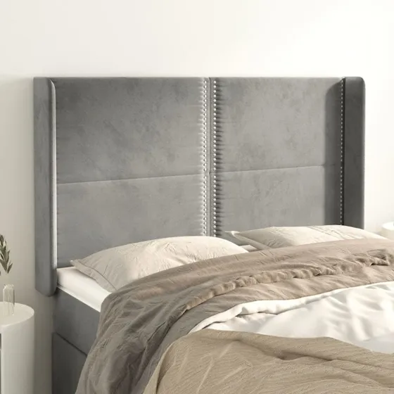 vidaXL Sengegavl med Kanter 147x16x118/128 cm Lysegrå Fløjl