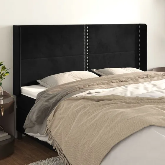 vidaXL Sengegavl med Kanter 163x16x118/128 cm, Sort, Fløjl