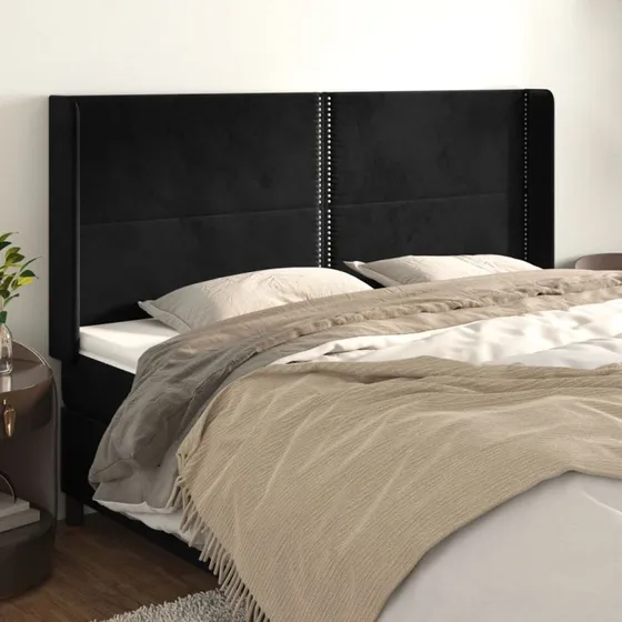 vidaXL Sengegavl med Kanter 183x16x118/128 cm, Sort, Fløjl