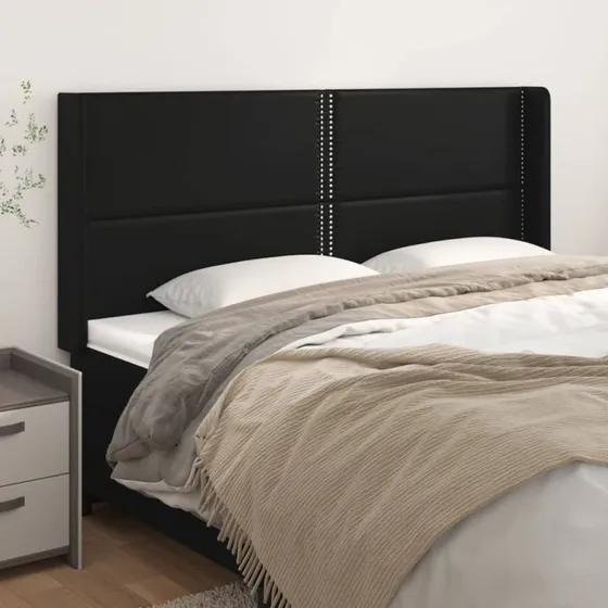 vidaXL Sengegavl med Kanter 203x16x118/128 cm Sort Kunstlæder