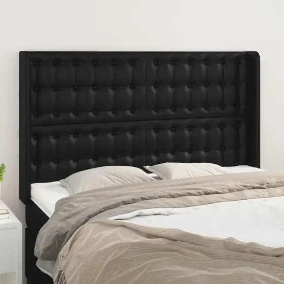 vidaXL Sengegavl med Kanter 147x16x118/128 cm Sort Kunstlæder