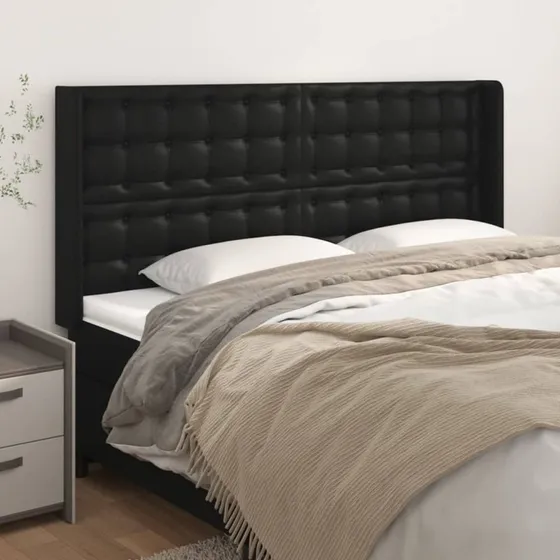 vidaXL Sengegavl med Kanter 203x16x118/128 cm Sort Kunstlæder