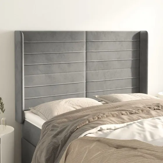 vidaXL Sengegavl med Kanter 147x16x118/128 cm Lysegrå Fløjl