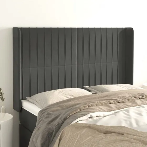 vidaXL Sengegavl med Kanter 147x16x118/128 cm Fløjl Mørkegrå