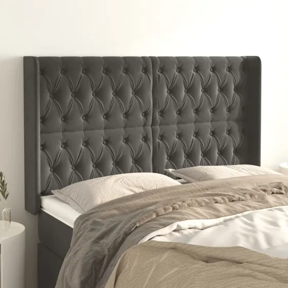 vidaXL Sengegavl med Kanter 163x16x118/128 cm, Mørkegrå Fløjl