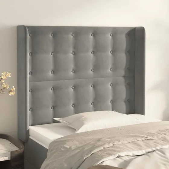 vidaXL Sengegavl med Kanter 83x16x118/128 cm Lysegrå Fløjl