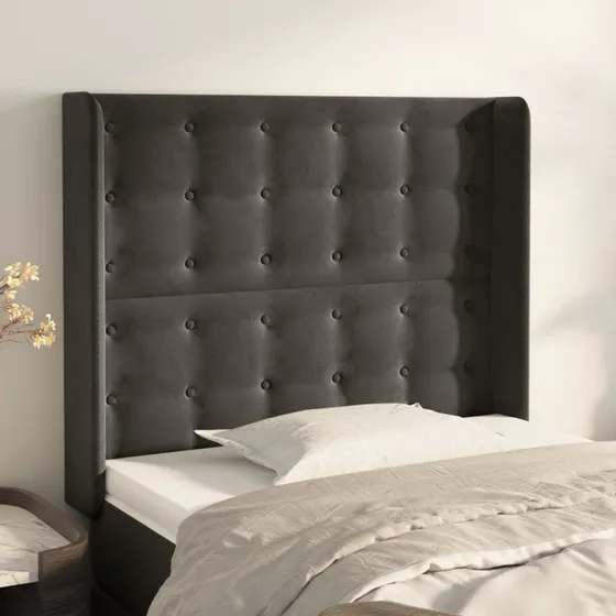 vidaXL Sengegavl med Kanter 93x16x118/128 cm, Mørkegrå Fløjl