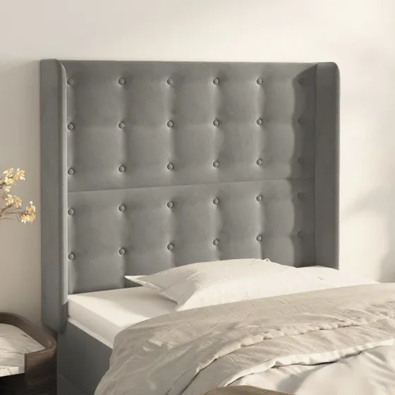 vidaXL Sengegavl med Kanter 103x16x118/128 cm Lysegrå Fløjl