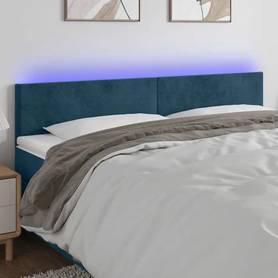 vidaXL Sengegavl med LED-lys 200x5x78/88 cm mørkeblå fløjl