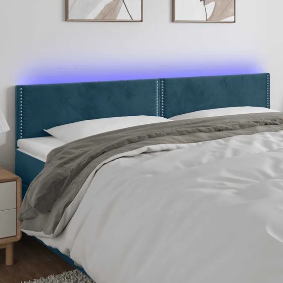 vidaXL Sengegavl med LED-lys 200x5x78/88 cm mørkeblå fløjl