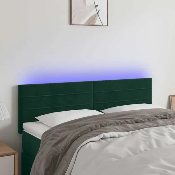 vidaXL Sengegavl med LED-lys 144x5x78/88 cm mørkegrøn fløjl