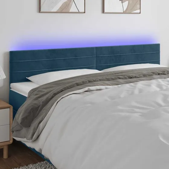 vidaXL Sengegavl med LED-lys 180x5x78/88 cm mørkeblå fløjl