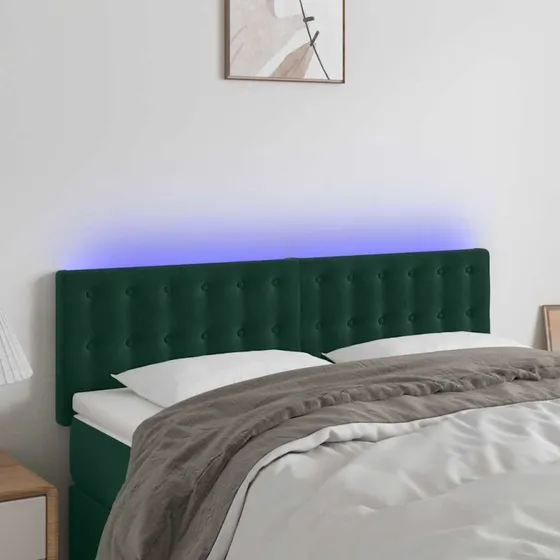 vidaXL Sengegavl med LED-lys 144x5x78/88 cm mørkegrøn fløjl